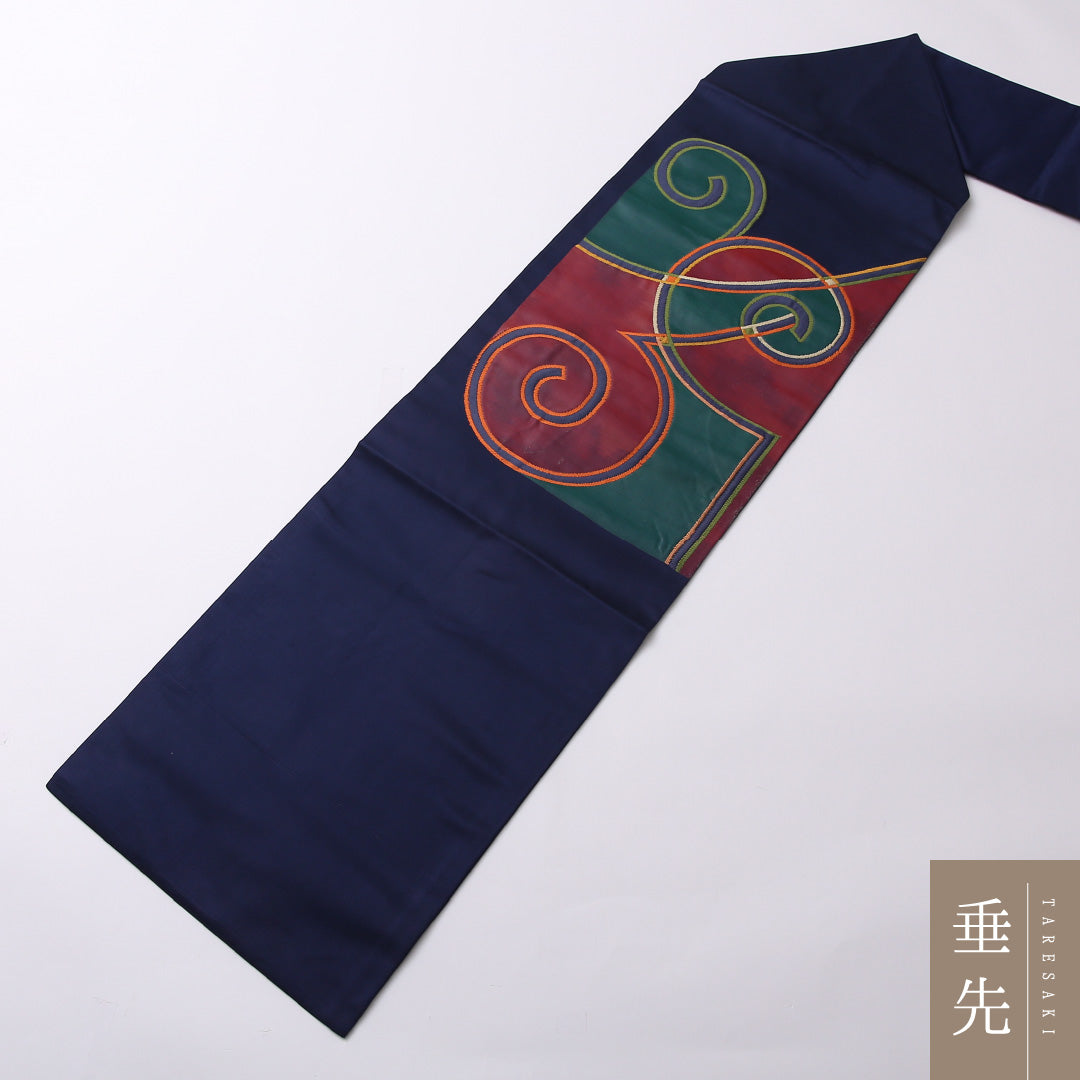 九寸名古屋帯 Sランク 帯丈363cm 正絹 ポイント柄 名古屋仕立て 織り カジュアル 紺系 RP 1245-02683