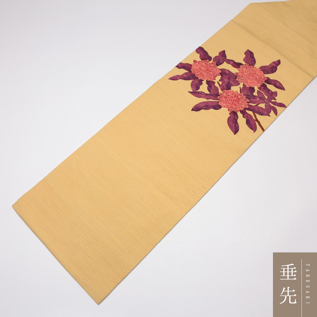 九寸名古屋帯 Sランク 帯丈348cm 正絹 ポイント柄 名古屋仕立て 染め カジュアル 紬 菊 黄系 RP 1245-01709