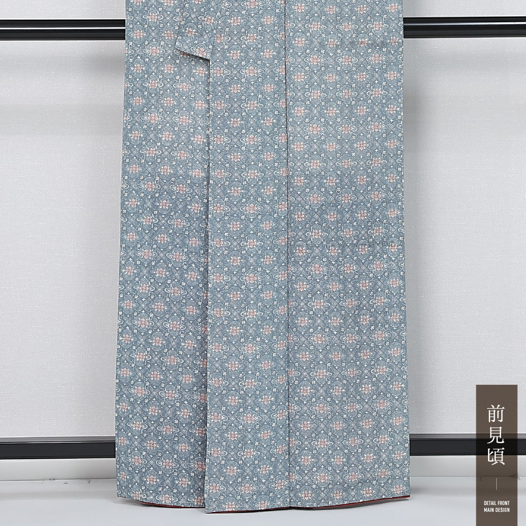 小紋 袷 身丈161cm 裄丈63cm 正絹 Aランク インフォーマル バチ衿 Lサイズ 花菱 水色系 RP 1221-12012