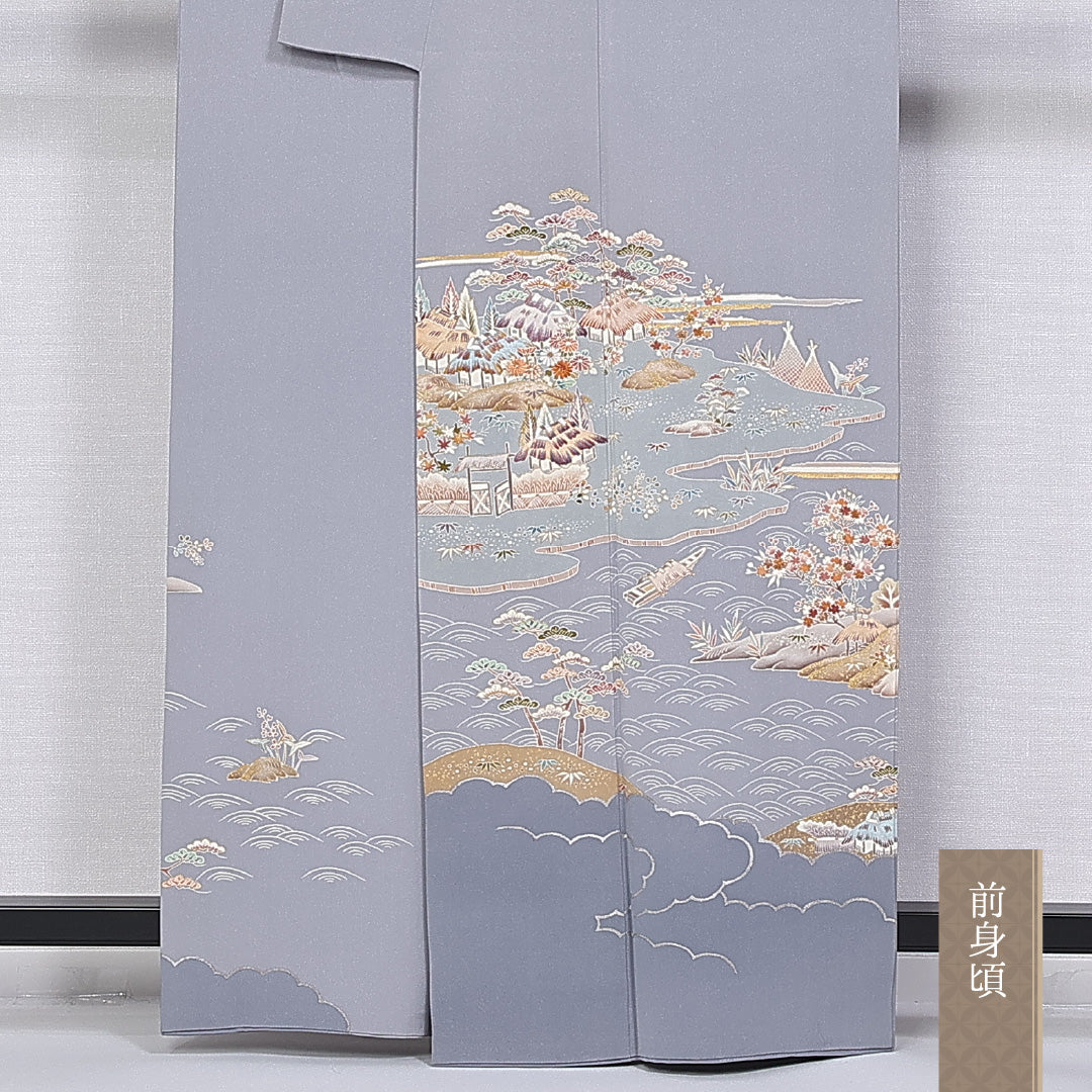 訪問着 身丈159cm 裄丈61.5cm Aランク 袷 一つ紋 正絹 広衿 剣片喰 刺繍 茶屋辻 風景 1212-10207
