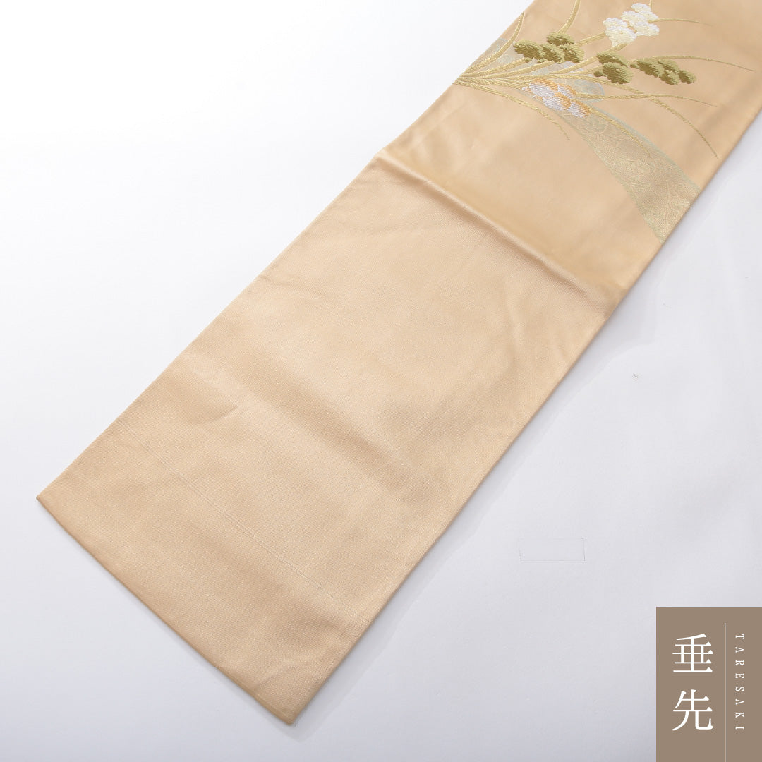 九寸名古屋帯 帯丈341cm セミフォーマル 名古屋仕立て ポイント柄 Aランク 正絹 花柄 ベージュ系 1224-03933