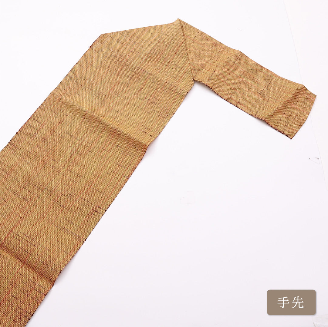 名古屋帯 帯丈346cm 六通 松葉仕立て Sランク カジュアル ボタニカル 紬 正絹 黄系 1224-01052