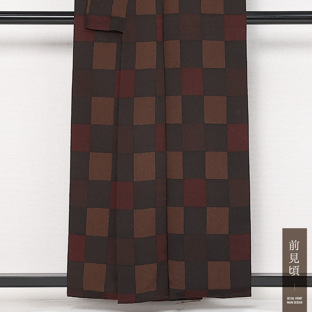 小紋 袷 身丈148cm 裄丈61cm 正絹 Sランク インフォーマル 広衿 XSサイズ 市松 黒系 RP 1221-13654