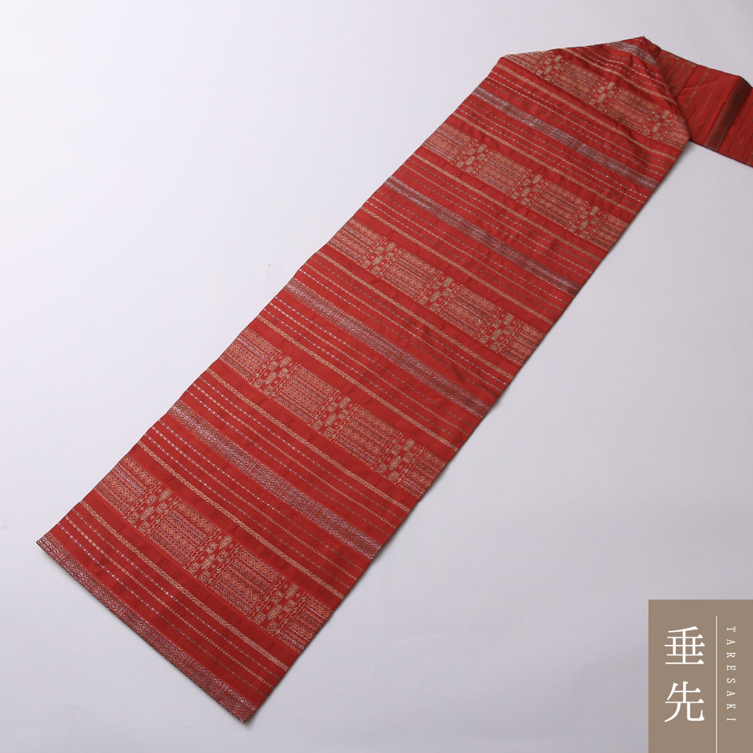 九寸名古屋帯 Sランク 帯丈351cm 正絹 六通 名古屋仕立て 織り カジュアル 創作柄 赤系 LP 1245-02619