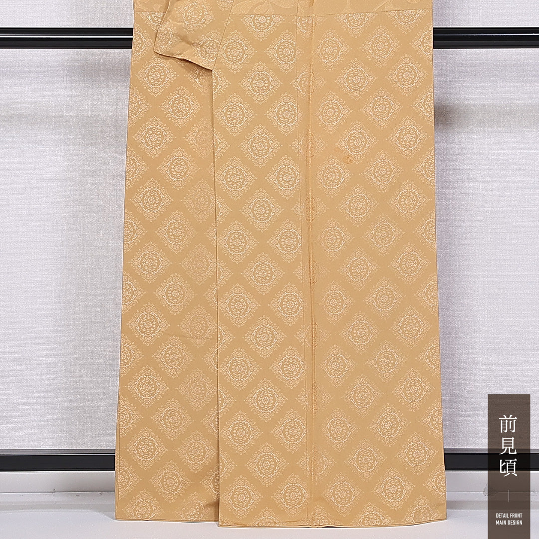 色無地 袷 身丈163cm 裄丈64cm 正絹 Bランク 一つ紋 (中陰蔦) セミフォーマル 広衿 Lサイズ アラベスク文様 黄系 HP 1219-11229