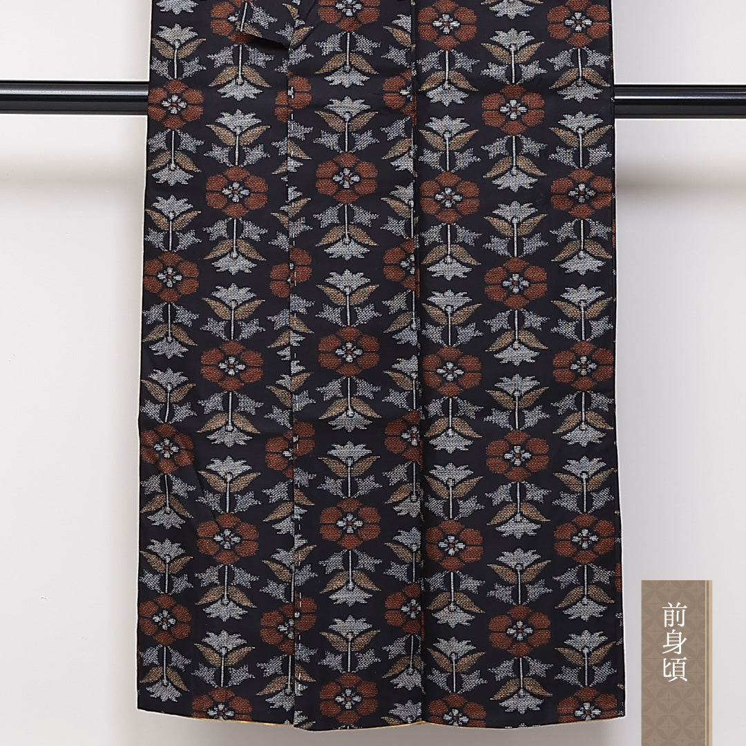 紬 袷 身丈146cm 裄61cm 正絹 レトロ 真綿紬 黒系 しつけ糸 Sランク 1216-01373
