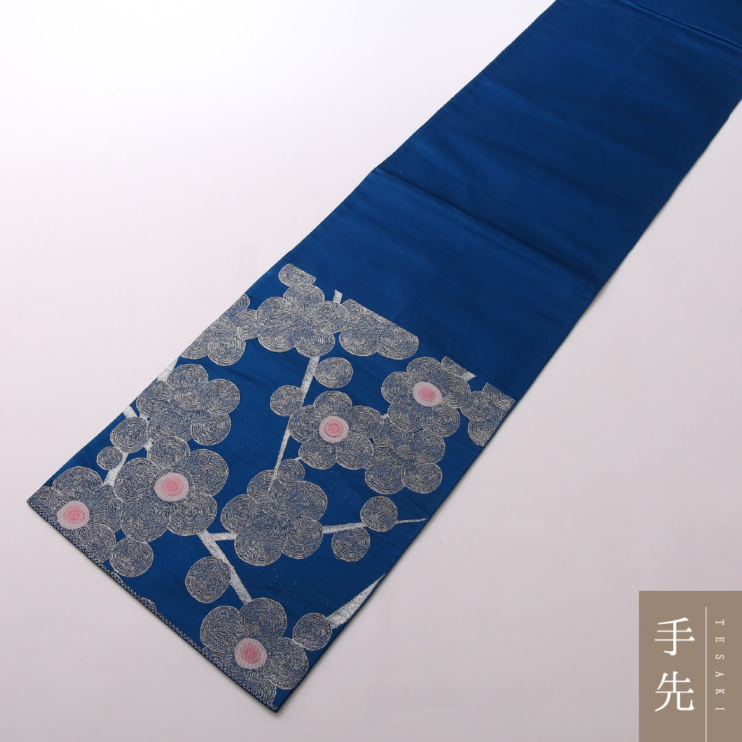 袋帯 帯丈416cm 正絹 六通 インフォーマル 梅 青系 銀系 1243-01667