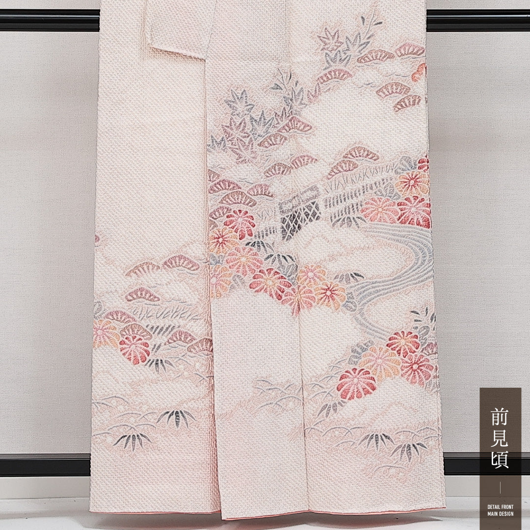 未使用品 訪問着 袷 総絞り 身丈159cm 裄丈62cm Sランク 正絹 広衿 Mサイズ セミフォーマル しつけ糸 吉祥文様 華やか 重厚感 白系 ピンク系 1212-14249