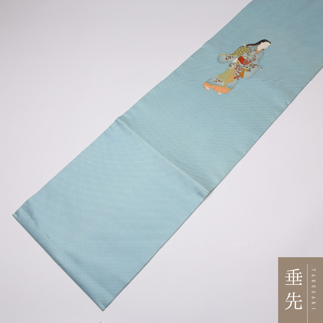 未使用品 九寸名古屋帯 Nランク 帯丈367cm 正絹 ポイント柄 名古屋仕立て 染め インフォーマル 大和美人文 水色系 M4 1245-01504