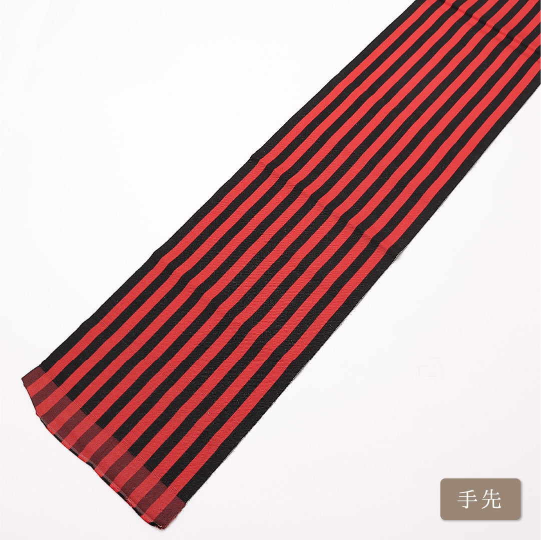 名古屋帯 帯丈388cm 全通 開き仕立て Cランク カジュアル 縞 モダン 黒系 正絹 赤系 1224-01174