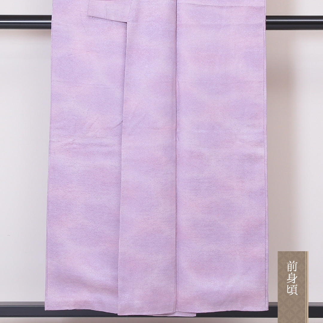 色無地 袷 身丈153cm 裄65.5cm 正絹 地紋なし 一つ紋 ぼかし 五三桐 紫系 Sランク 1214-00410