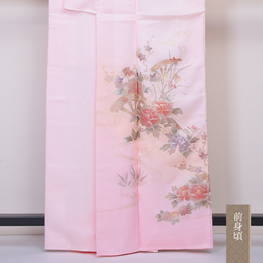 訪問着 袷 身丈160~164cm 裄63cm 正絹 和重 牡丹 流水 作家物 ぼかし ピンク系 画 Sランク 1212-00547