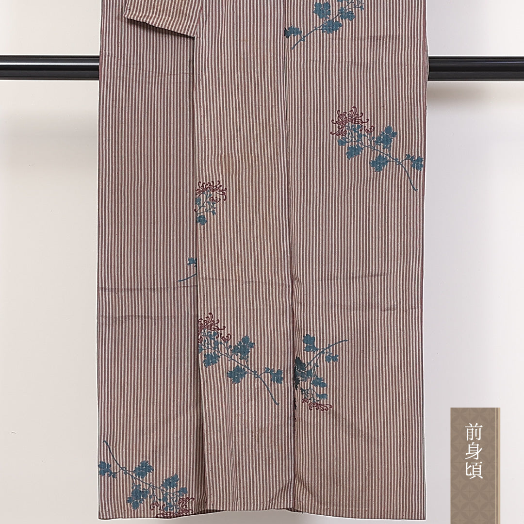アンティーク 小紋 単衣 身丈146cm 裄61.5cm 正絹 菊 居敷当て 刺繍 縞 茶系 Cランク 1215-02305