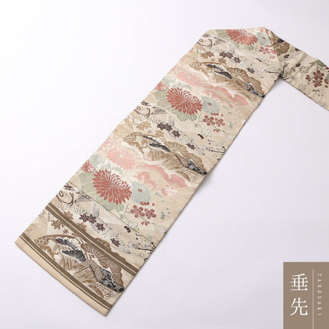 アンティーク 九寸名古屋帯 Bランク 帯丈319cm 正絹 六通 名古屋仕立て 織り 花扇 ベージュ系 RP 1245-02795