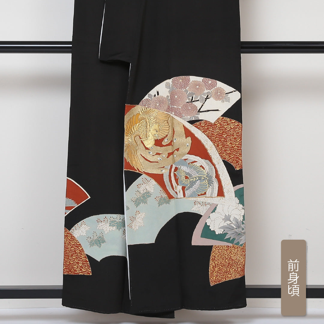 黒留袖 袷 身丈156cm 裄63cm Bランク 五つ紋 正絹 広衿 ちりめん 比翼仕立て 唐織 丸に抱き茗荷 黒系 1211-00085 1211-00085-4310