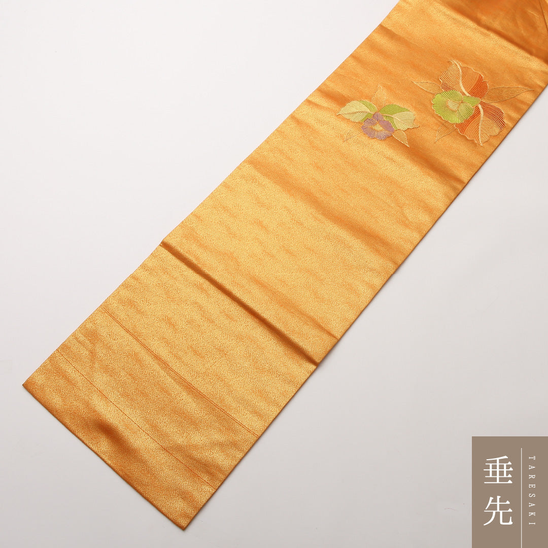 名古屋帯 ポイント柄 帯丈362cm セミフォーマル Sランク 正絹 金駒刺繍 花柄 朱系 1224-02185