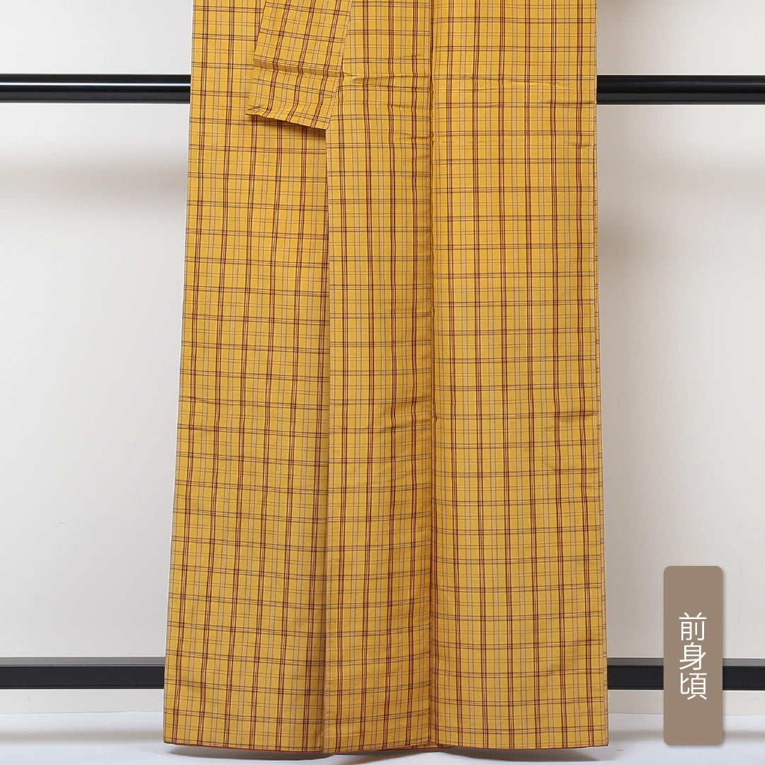 紬 袷 身丈161cm 裄丈63cm 正絹 黄八丈風 Bランク Lサイズ 広衿 カジュアル 格子 黄系 1216-03017