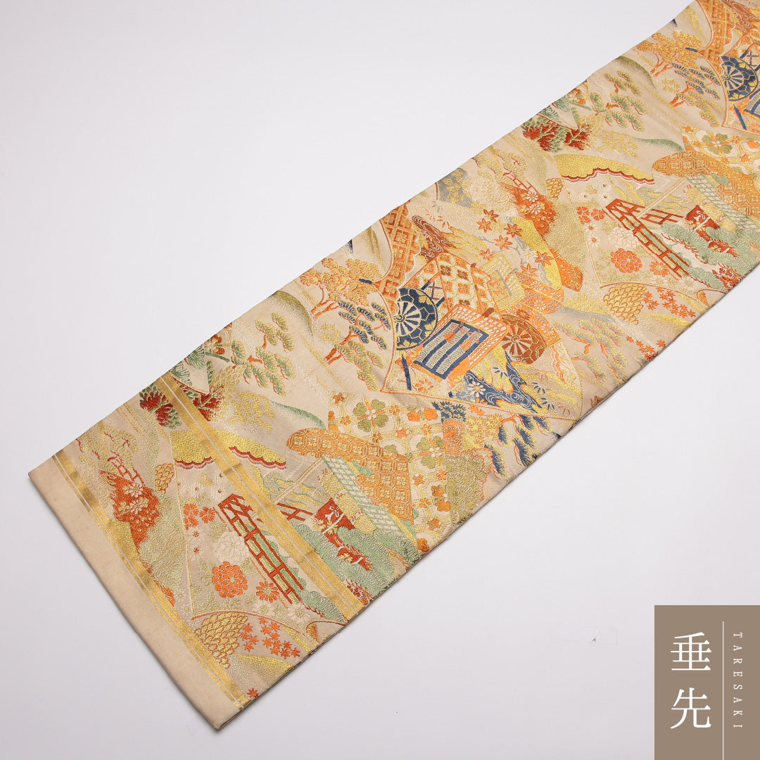 アンティーク 九寸名古屋帯 Aランク 帯丈342cm 正絹 全通 名古屋仕立て 織り 御所解 菊 紅葉 クリーム系 M4 1245-01815