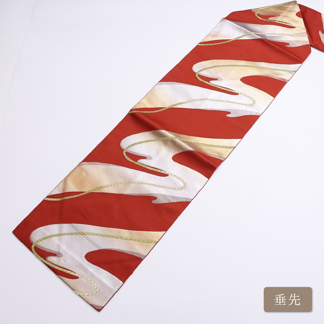 名古屋帯 帯丈345cm 六通 名古屋仕立て Sランク セミフォーマル 組紐 正絹 赤系 1224-01252
