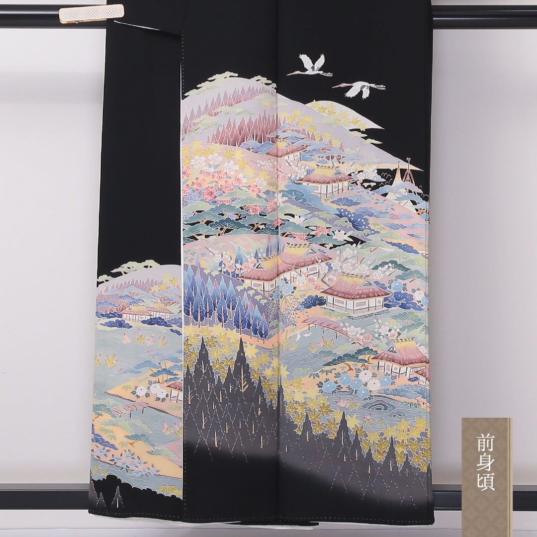 黒留袖 五つ紋 丸に抱き茗荷 身丈154cm 裄丈62cm Aランク 正絹 袷 比翼 広衿 S 作家物 落款 加賀友禅 茶屋辻 フォーマル 黒系 1211-F0256