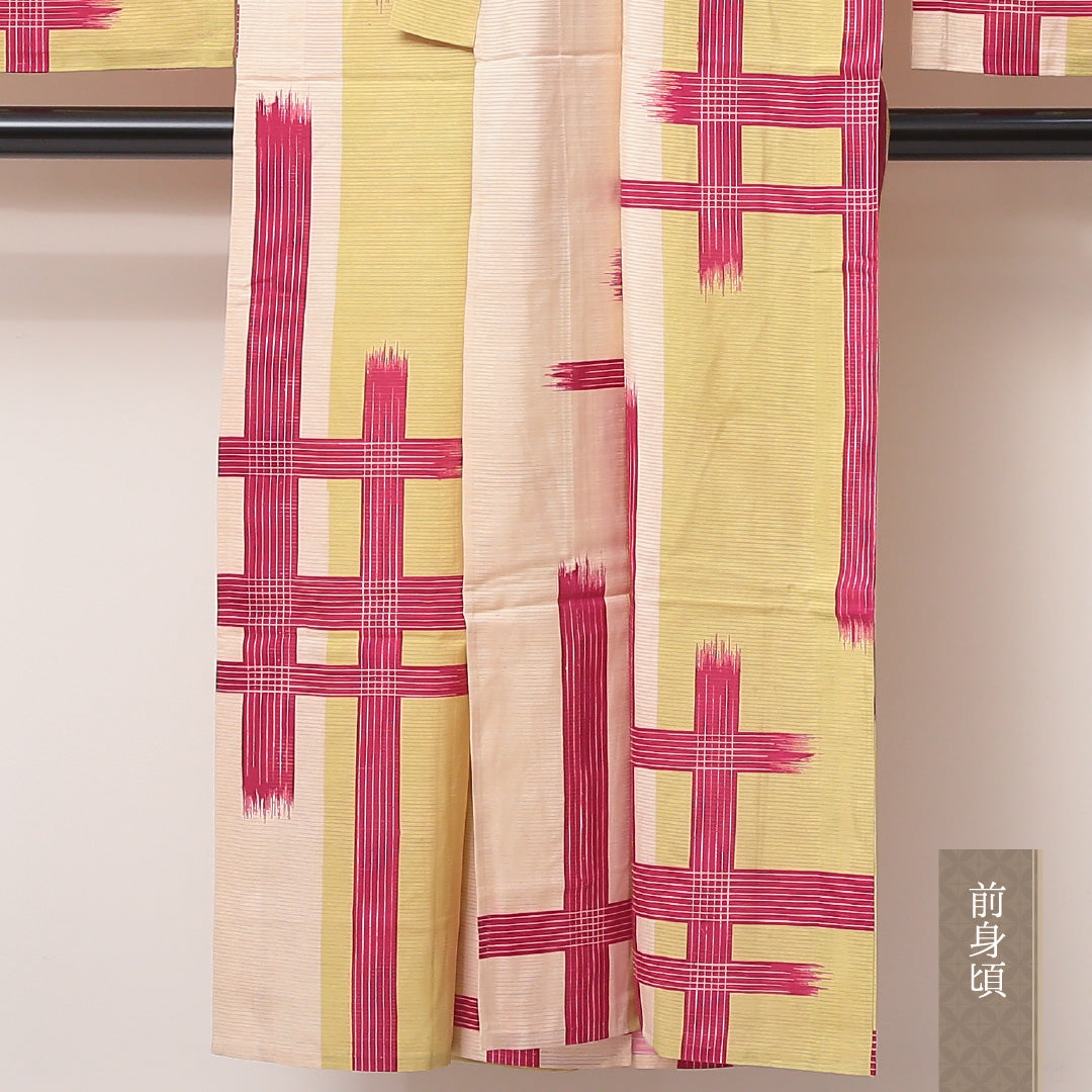 アンティーク 夏物 小紋 絽 身丈145cm 裄丈62cm 正絹 Cランク バチ衿 XSサイズ 井絣 黄系 RP 1221-02172