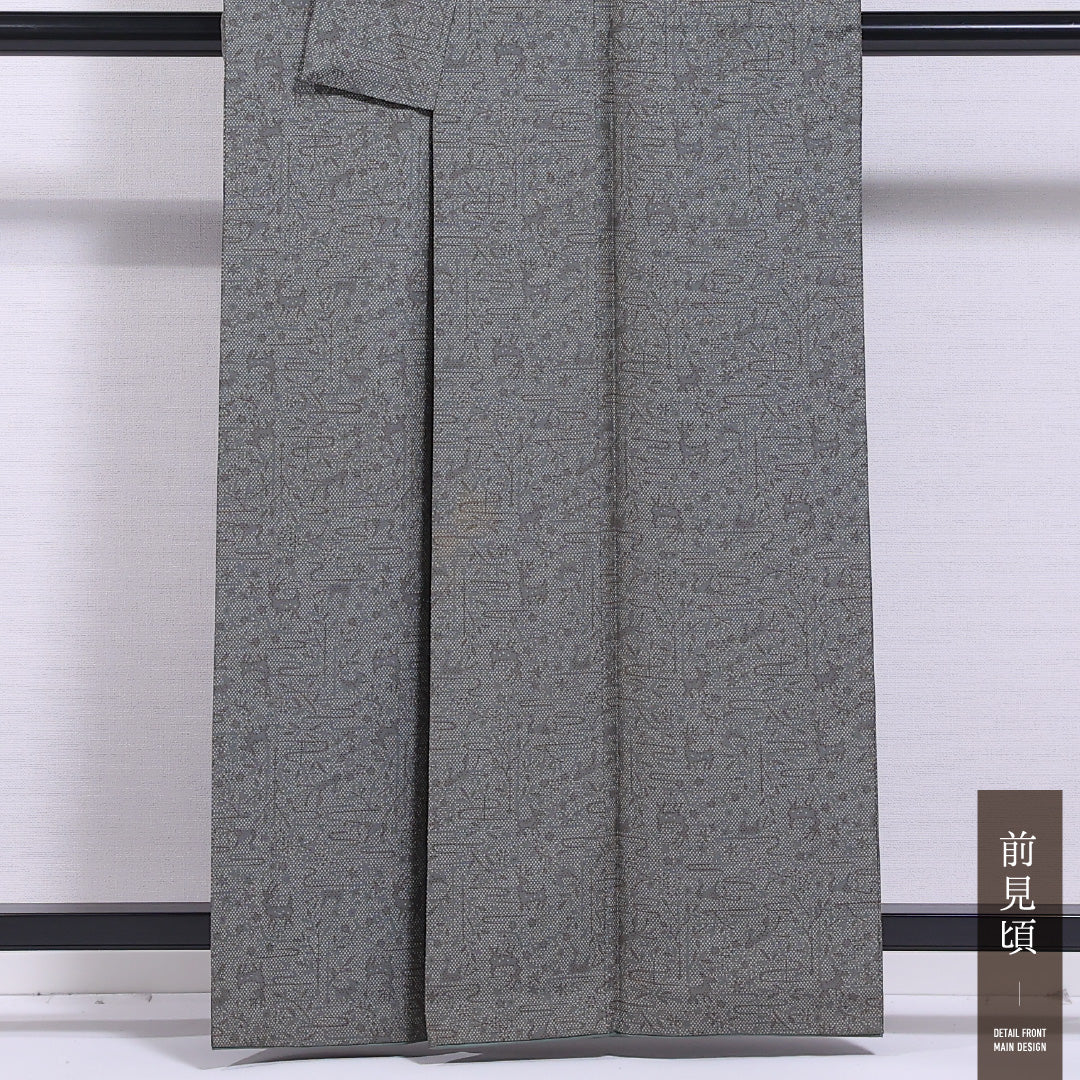 小紋 袷 身丈160cm 裄丈62cm 正絹 Bランク インフォーマル 広衿 Lサイズ 創作柄 グレー系 RP 1221-11811