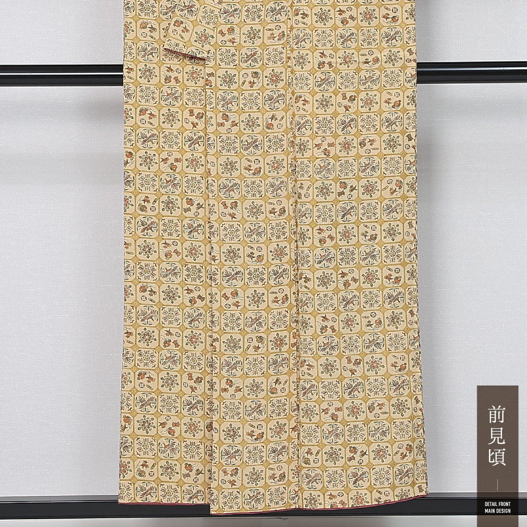 小紋 袷 身丈150cm 裄丈64cm 正絹 Aランク インフォーマル バチ衿 Sサイズ 金彩 蜀江 鳳凰 花鳥風月 黄系 HP 1221-11994