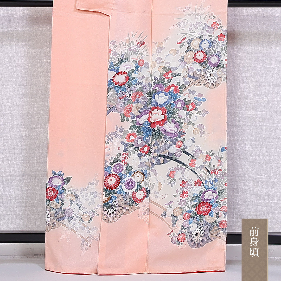 訪問着 身丈160cm 裄丈64.5cm 正絹 Cランク 袷 広衿 京友禅 花車 1212-10375