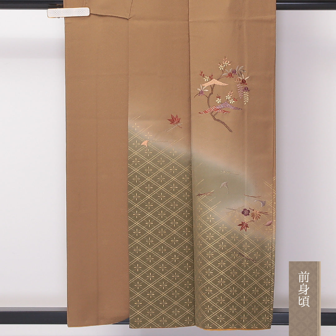 訪問着 袷 身丈150~154cm 裄62cm 正絹 紋意匠 菱形 紅葉 菊 梅 狐色 茶系 Bランク 1212-00611
