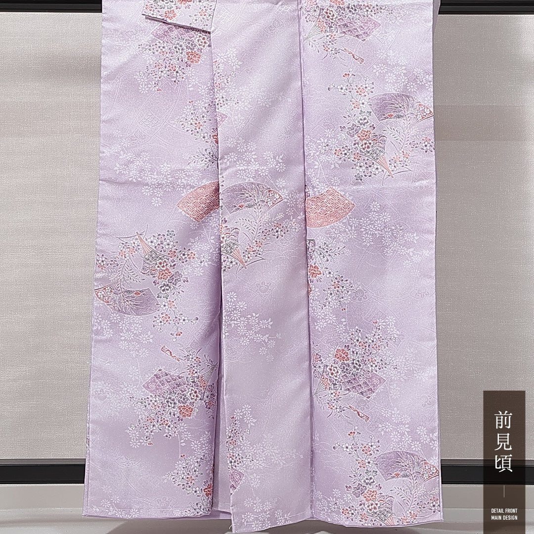 小紋 洗える着物 袷 身丈159cm 裄丈64cm ポリエステル Sランク Mサイズ 広衿 インフォーマル 扇 橘 しつけ糸 紫系 1215-14819