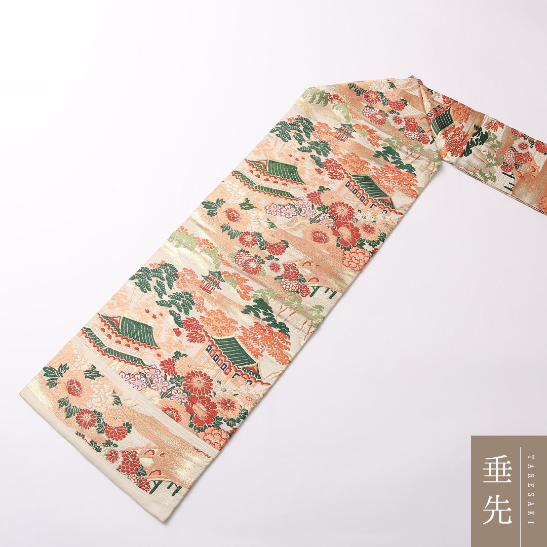 アンティーク 九寸 名古屋帯 帯丈317cm 名古屋仕立て 六通 Cランク 正絹 楼閣 花柄 古典的 格調高い クリーム系 1224-02793