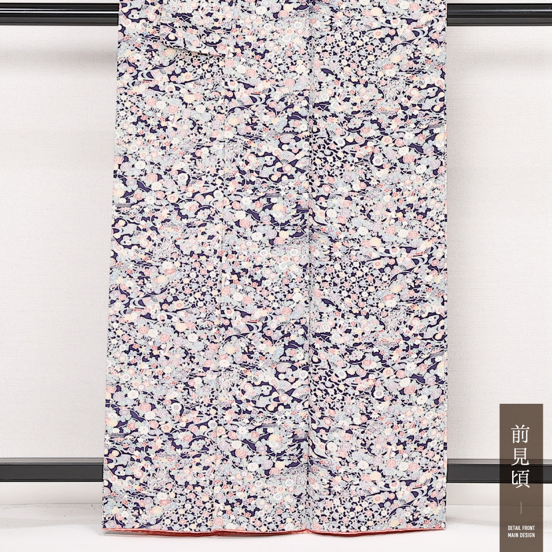 小紋 袷 身丈161cm 裄丈65cm 正絹 Aランク インフォーマル 広衿 Lサイズ 吉祥文様 紺系 RP 1221-13393