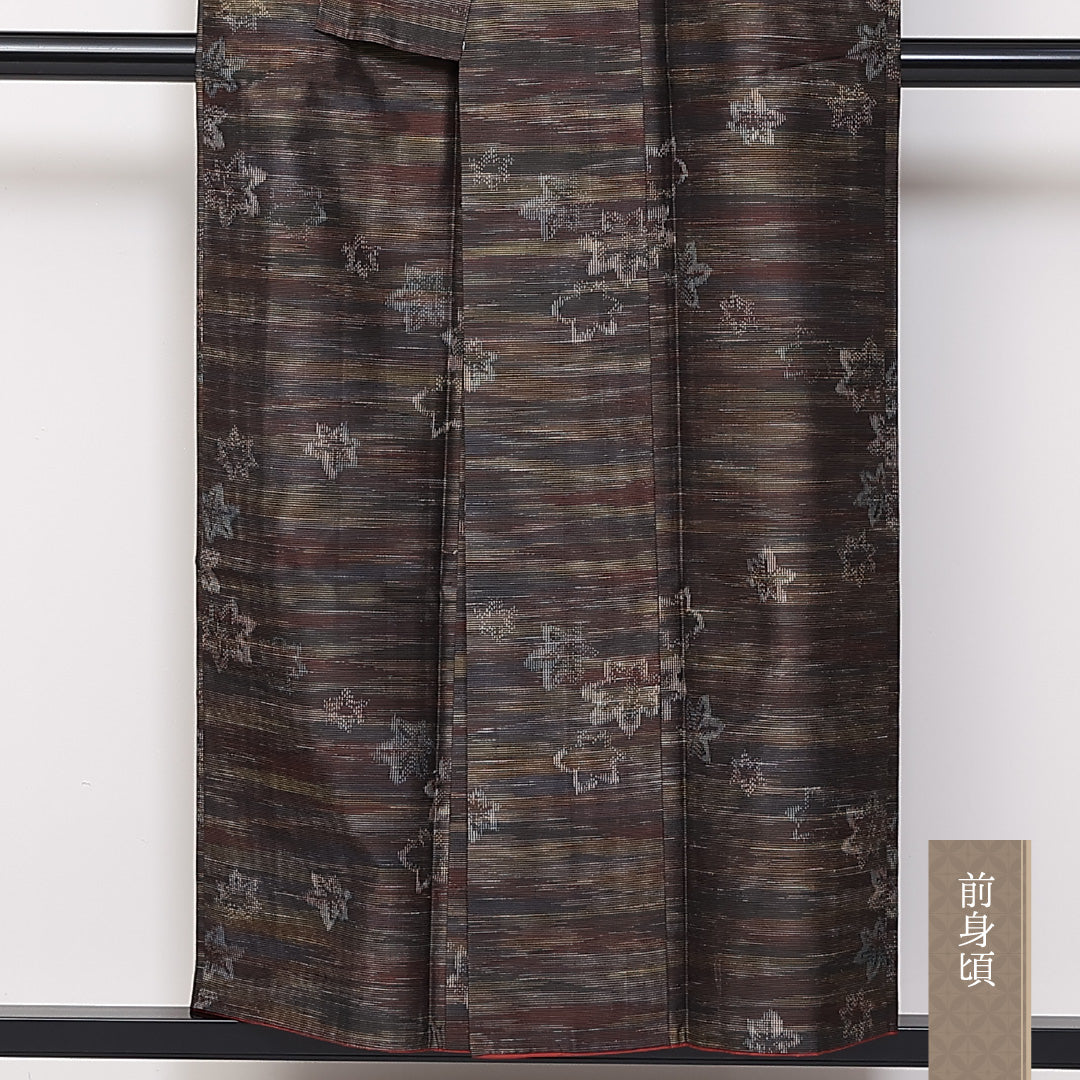 洗える着物 紬 袷 身丈152cm 裄丈62cm ポリエステル Sランク カジュアル 広衿 Sサイズ 紅葉 茶系 RP 1223-03852