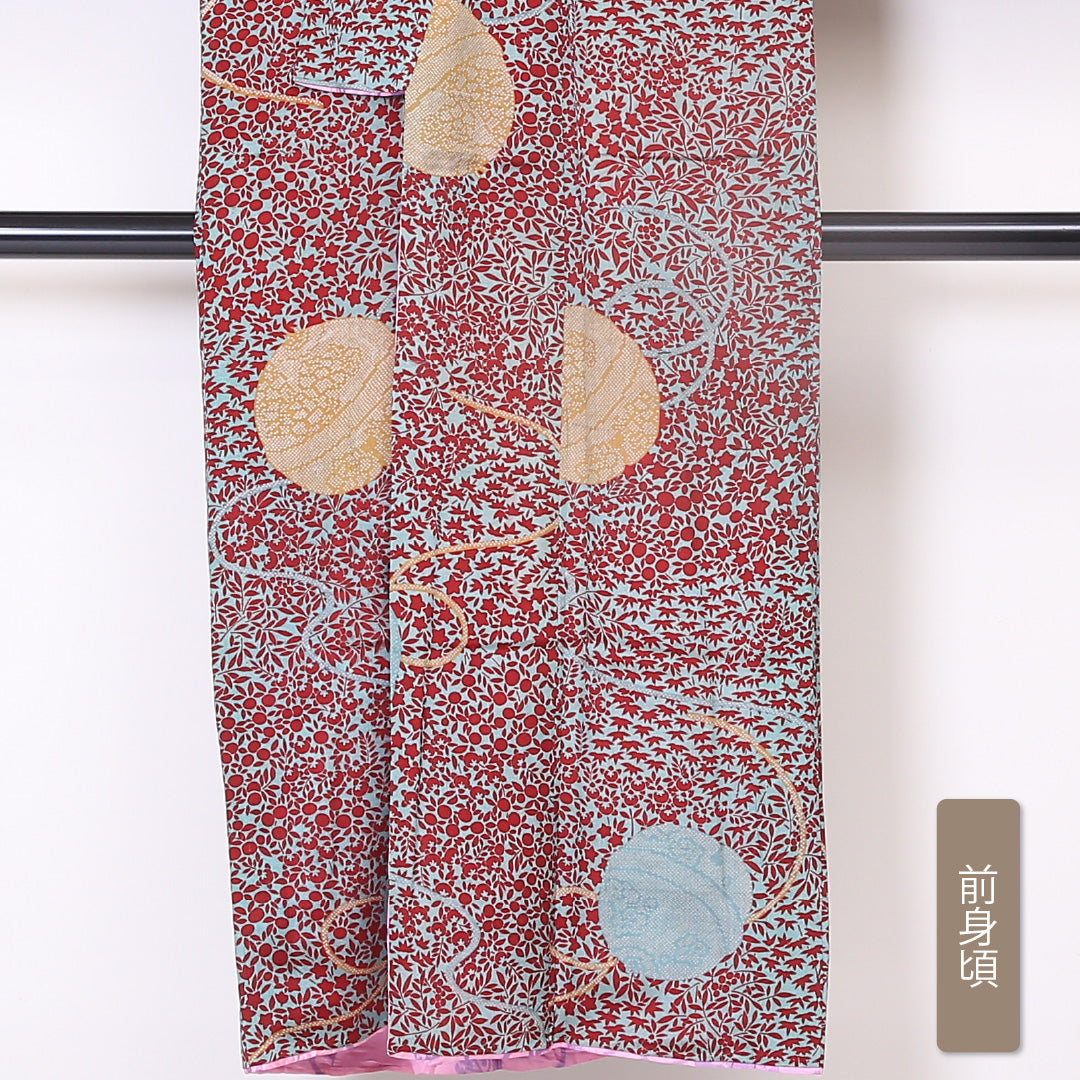 アンティーク 小紋 袷 身丈144cm 裄62.5cm 緑系 手毬 花柄 正絹 Aランク 1215-01924-3119