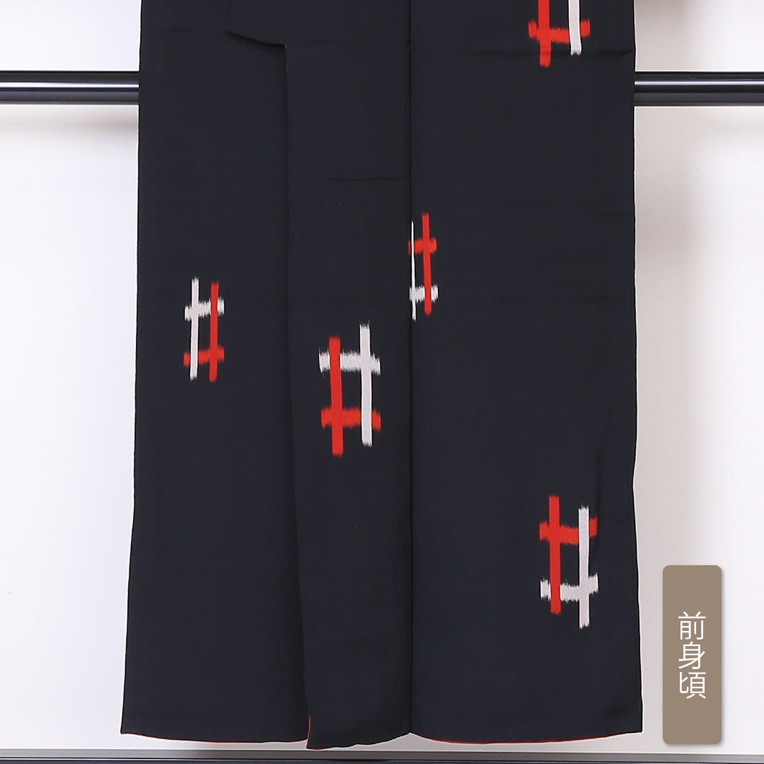 お召 袷 身丈149cm 裄丈63cm 正絹 Bランク XSサイズ バチ衿 インフォーマル 井絣 黒系 1265-01930