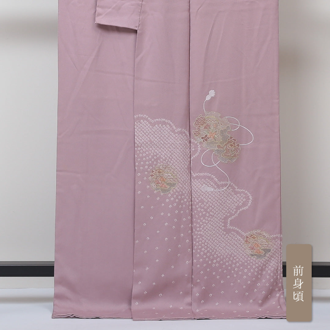 訪問着 袷 身丈165cm 裄丈64cm 正絹 Aランク セミフォーマル 広衿 XLサイズ 絞り 汕頭刺繍 雪輪 牡丹 ピンク系 PO 1217-04316