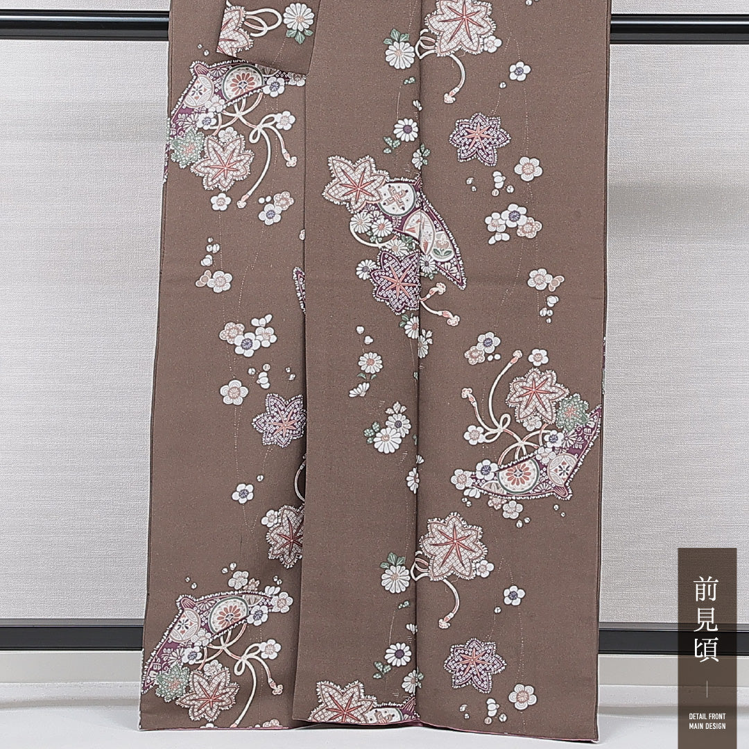 小紋 袷 身丈161cm 裄丈65cm 正絹 Cランク インフォーマル 広衿 Lサイズ 梅 紅葉 茶系 LP 1221-15602