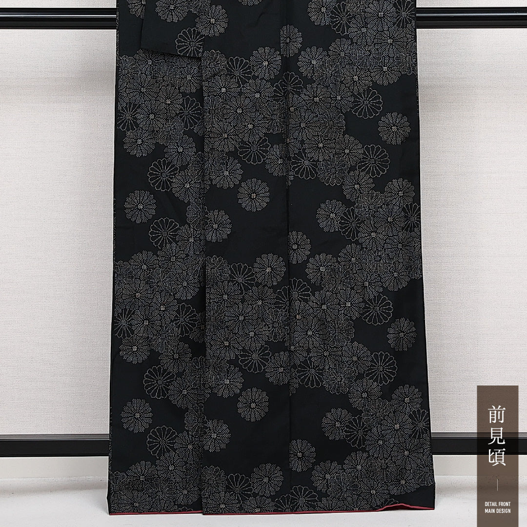 大島紬 袷 身丈162cm 裄丈62cm 正絹 Aランク インフォーマル 広衿 Lサイズ 菊 黒系 RP 1223-14102