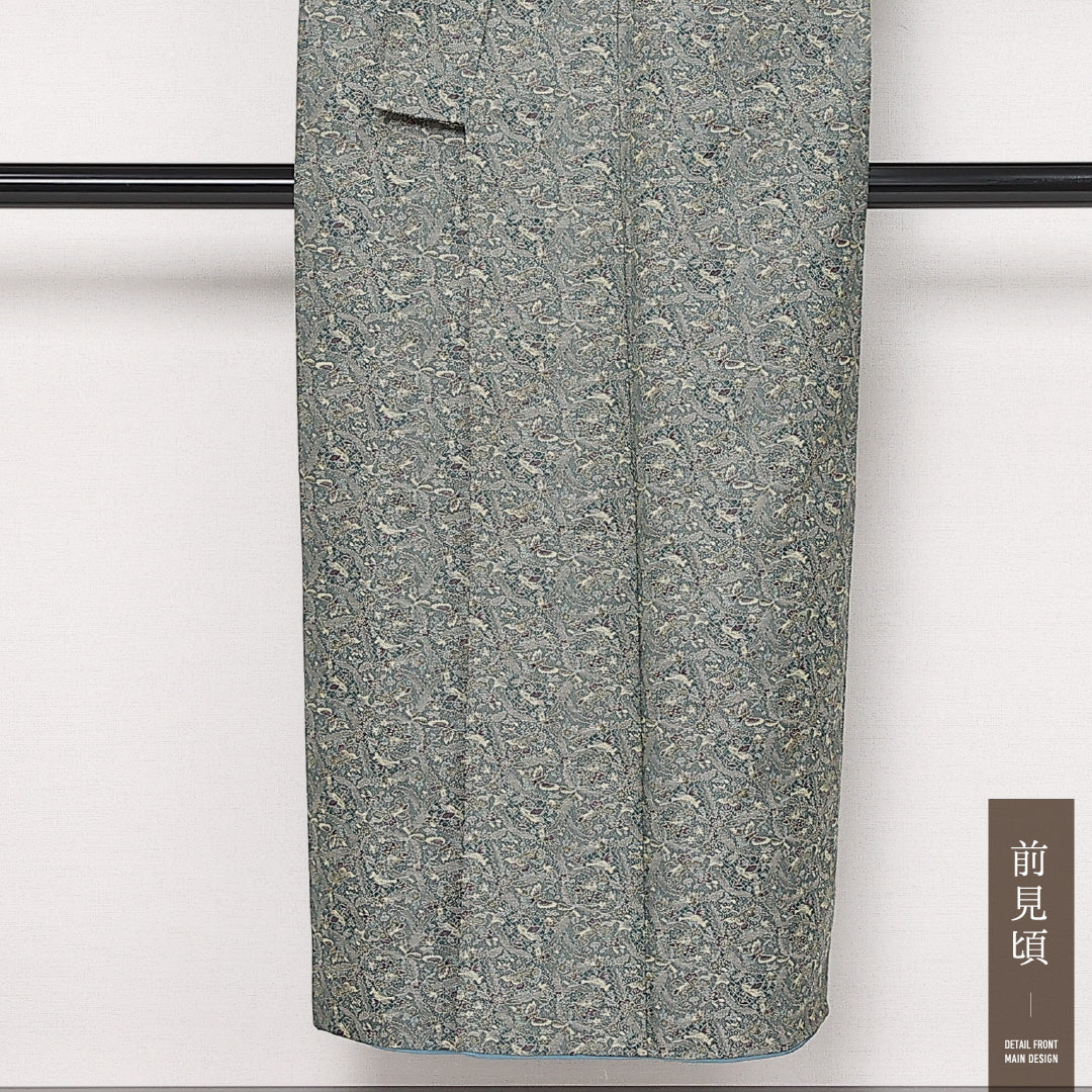 洗える着物 紬 袷 身丈146cm 裄丈62cm ポリエステル Sランク カジュアル バチ衿 XSサイズ 花柄 緑系 RP 1223-13538