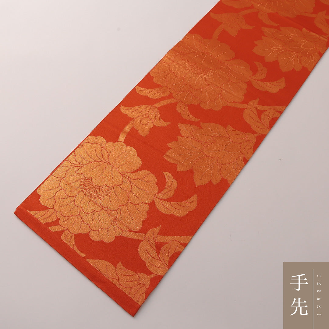 本袋帯 帯丈444cm フォーマル 全通 Sランク 正絹 唐華 蓮 朱系 1223-01894