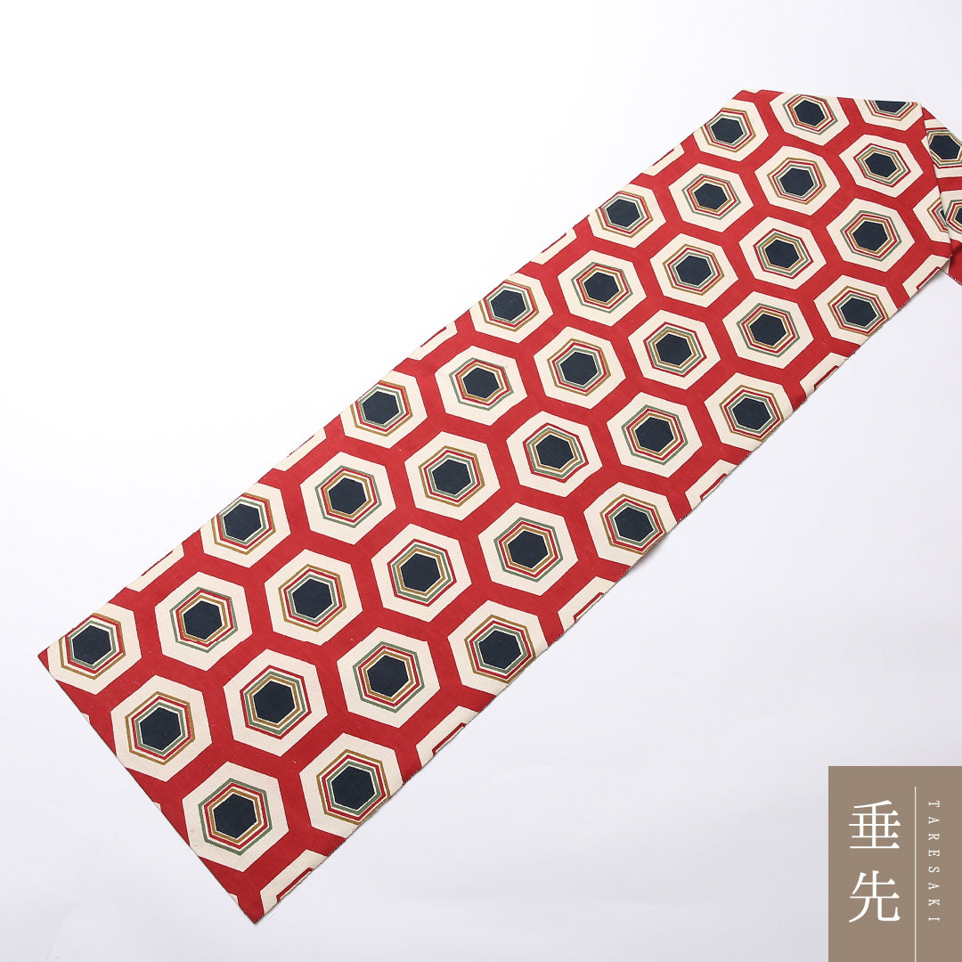 八寸名古屋帯 Aランク 帯丈374cm 正絹 全通 名古屋仕立て 染め カジュアル 紬 亀甲 赤系 LP 1245-02490