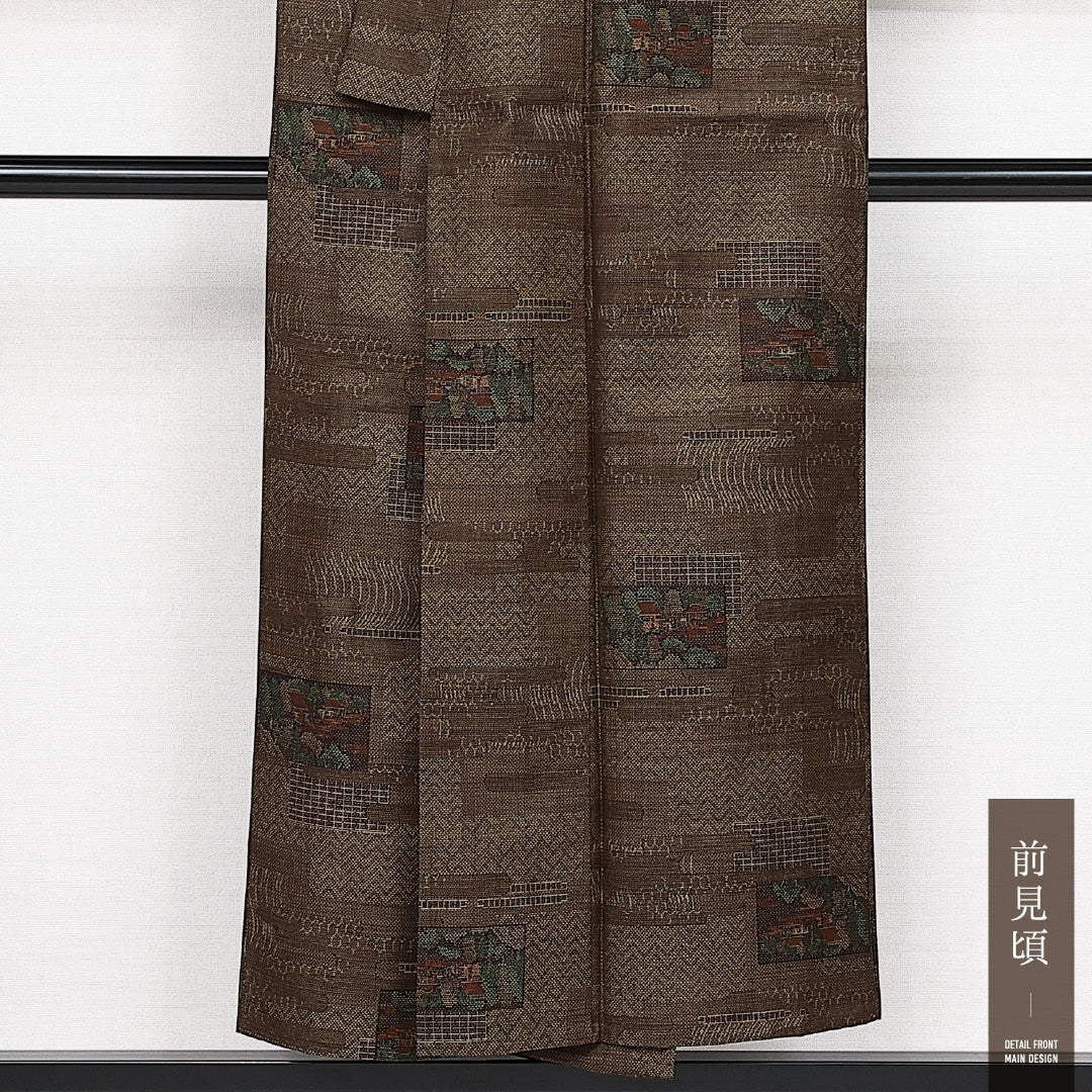 洗える着物 ウールの紬 単衣 身丈148cm 裄丈63cm ウール Sランク カジュアル バチ衿 XSサイズ 茶屋辻 茶系 RP 1223-14126