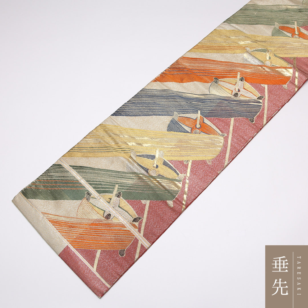 アンティーク 九寸名古屋帯 Cランク 帯丈344cm 正絹 六通 名古屋仕立て 織り 糸巻文 金系 LP 1245-01484