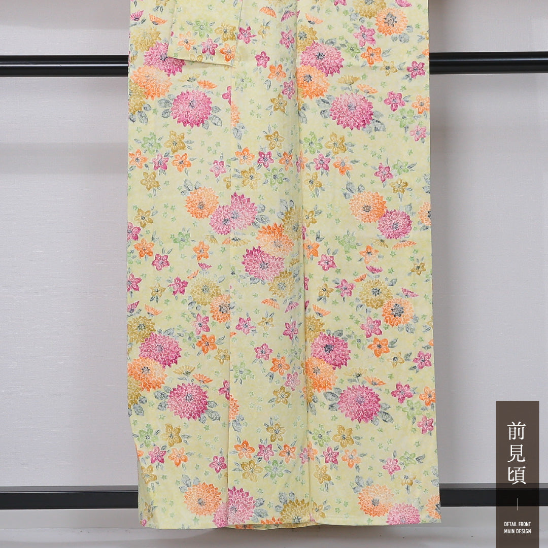 小紋 単衣 身丈156cm 裄丈63cm 正絹 Bランク インフォーマル 広衿 Mサイズ 花柄 黄系 HP 1221-12333