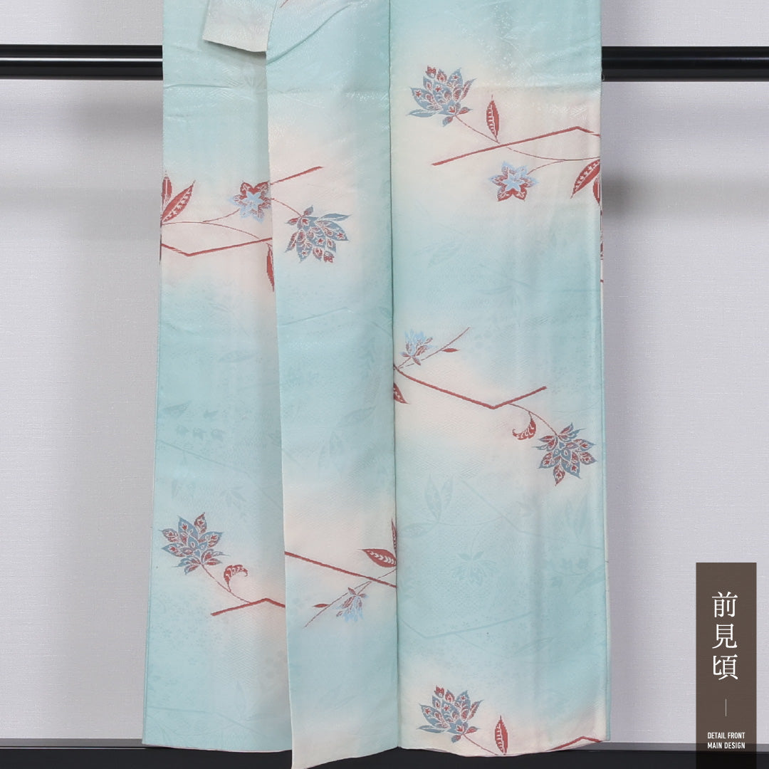 アンティーク お召 袷 身丈150cm 裄丈64cm 正絹 Bランク 広衿 Sサイズ ぼかし染 唐華 水色系 M4 1222-11418