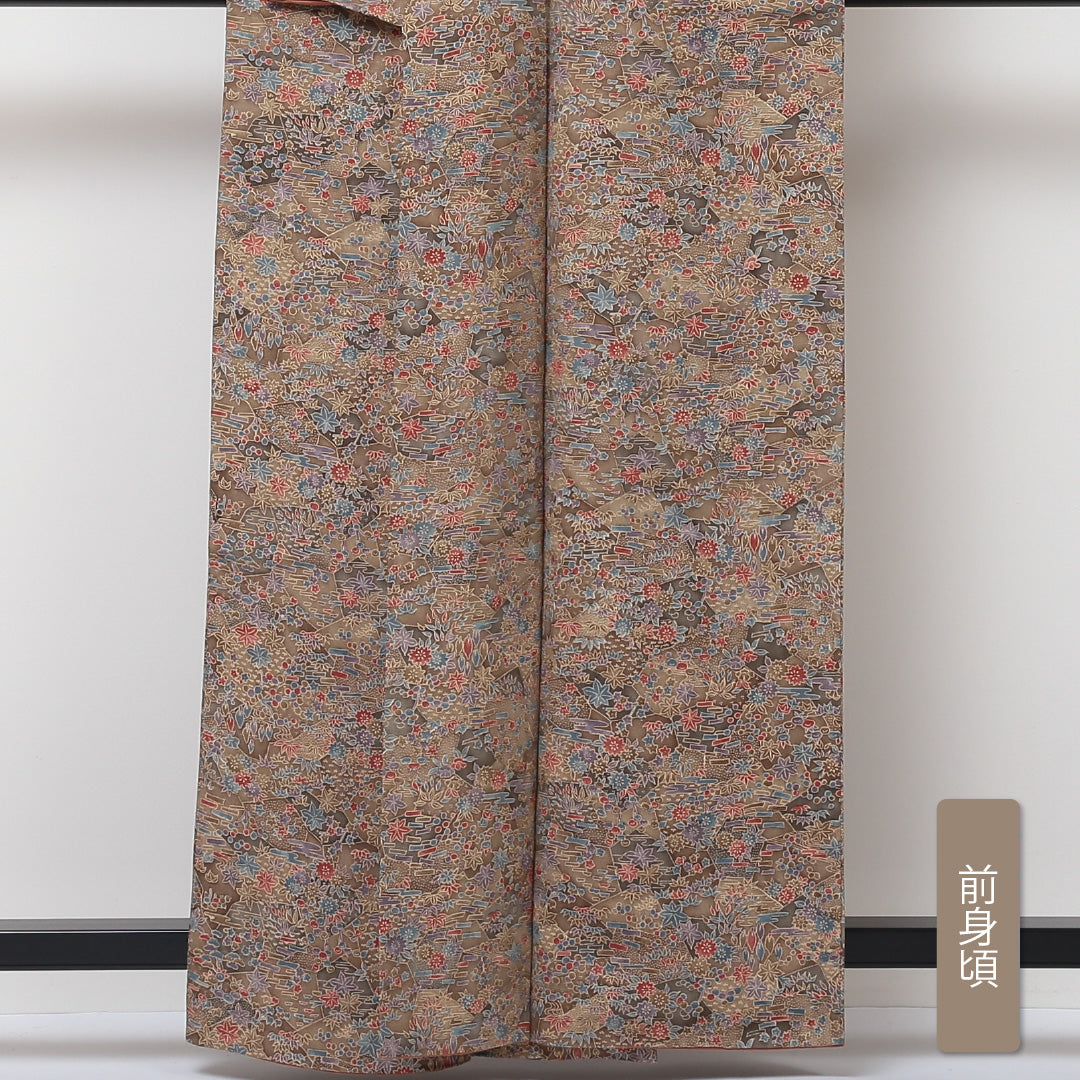 小紋 袷 身丈159cm 裄63cm 茶系 型染め 花柄 紅葉 正絹 Aランク 1215-01602-3314