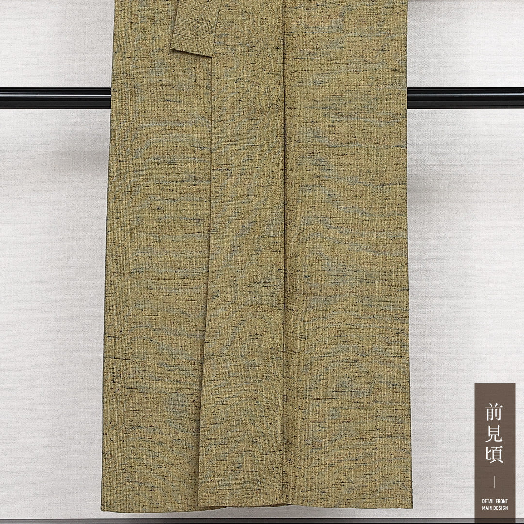 洗える着物 ウールの紬 単衣 身丈148cm 裄丈62cm ウール Sランク カジュアル バチ衿 XSサイズ 居敷当て 無地 黄系 RP 1223-14129