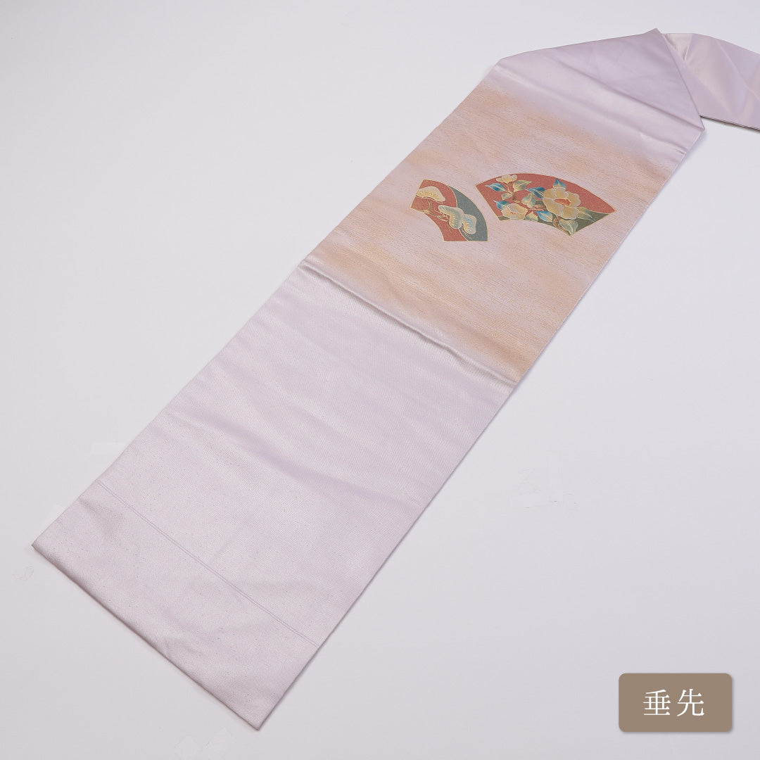 九寸名古屋帯 Aランク 帯丈364cm 正絹 ポイント柄 名古屋仕立て 織り セミフォーマル 扇 牡丹 紫系 RP 1245-00913