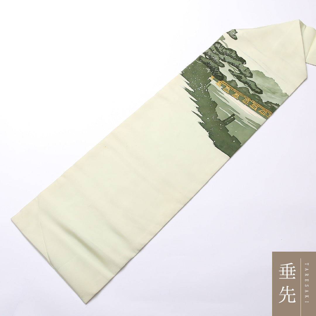 九寸名古屋帯 Aランク 帯丈364cm 正絹 ポイント柄 名古屋仕立て 染め インフォーマル 塩瀬 京洛百景 嵐山 渡月橋 緑系 RP 1245-02513