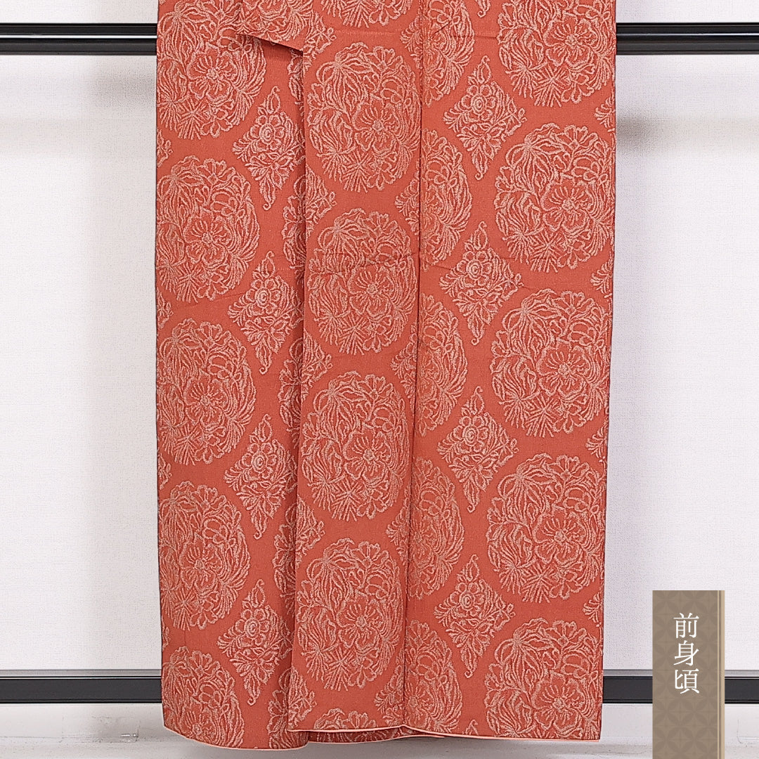 アンティーク お召 身丈158cm 裄丈62cm Aランク 袷 正絹 バチ衿 花文 1265-10116